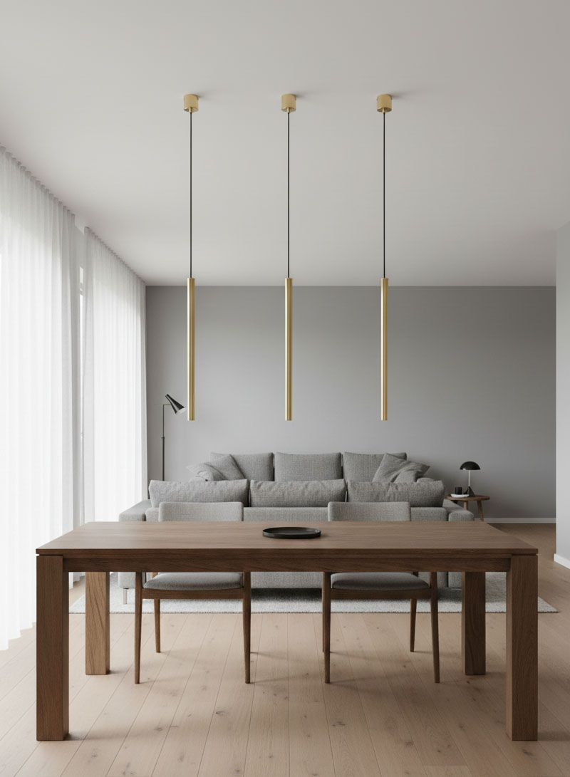 Lampa wisząca Collet 1-punktowa w kolorze złotym, z długim cylindrycznym kloszem, zawieszona na cienkim kablu. Produkt umieszczony nad drewnianym stołem w jasnym wnętrzu, obok szaro-beżowej kanapy. Tło w odcieniach szarości, z dużymi oknami.