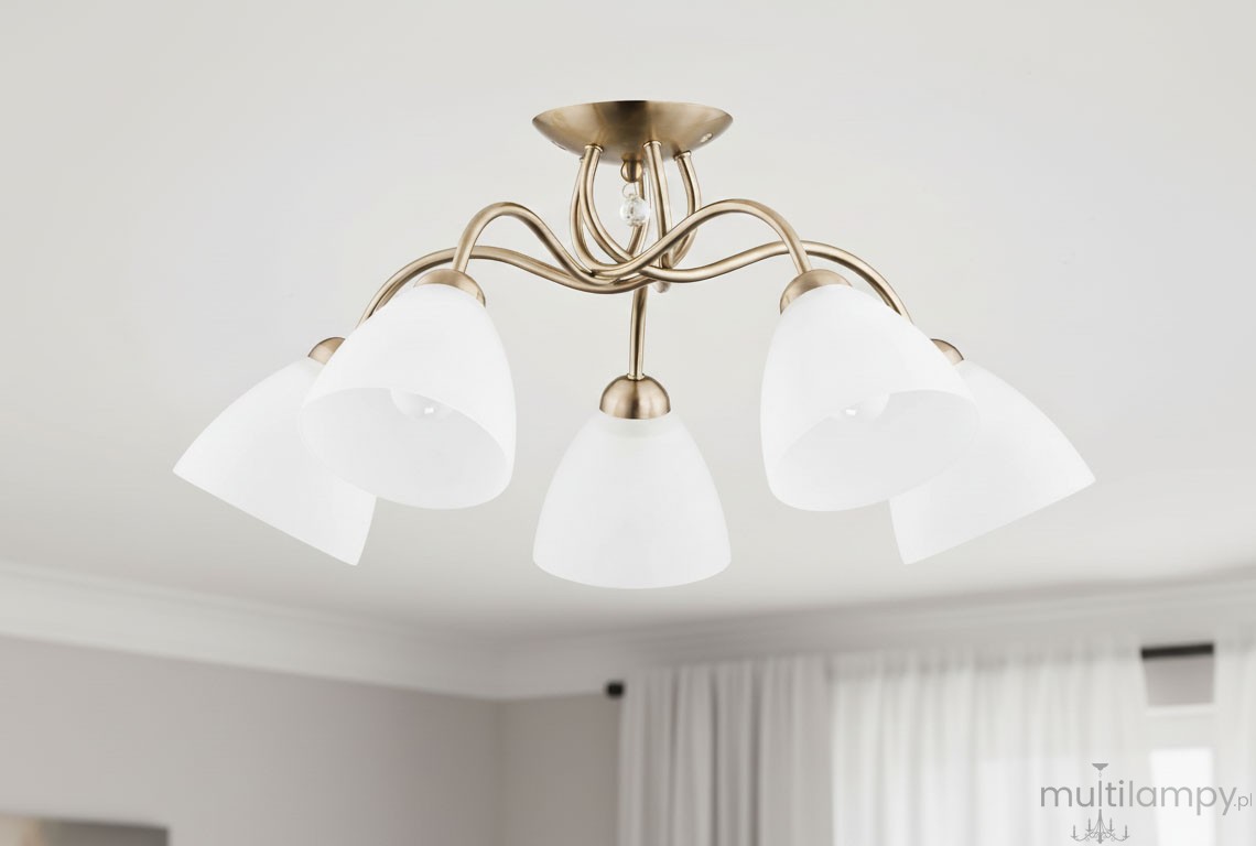 Lampa sufitowa Amarillo Patyna, 5-punktowa, z metalową podstawą w kolorze mosiądzu i pięcioma kloszami z białego szkła. Ujęcie z dołu, pokazujące elegancki design i kształt kloszy. Tło jasne, minimalistyczne.