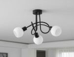 Lampa wisząca Eryka Black z trzema źródłami światła E14, z czarnym metalowym stelażem i matowymi, białymi kloszami w kształcie półkuli. Ujęcie z dołu, pokazujące aranżację lampy w nowoczesnym wnętrzu.