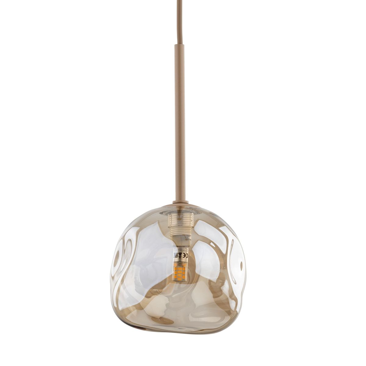 Beżowa lampa wisząca Lava Sabia z jedną oprawą G9, o organicznym kształcie z transparentnego szkła, zawieszona na cienkim, metalowym przewodzie. Widoczne podświetlenie wewnętrzne oraz szczegóły konstrukcyjne.