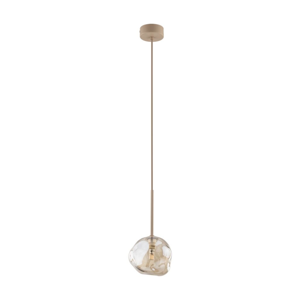 Lava Sabia lampa wisząca w kolorze beżowym, z pojedynczym źródłem światła G9. Produkt zawieszony na cienkim, prostym przewodzie, z przezroczystym kloszem o organicznym kształcie. Montaż sufitowy na okrągłej podstawie.