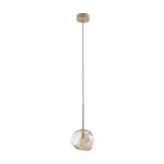Lava Sabia lampa wisząca w kolorze beżowym, z pojedynczym źródłem światła G9. Produkt zawieszony na cienkim, prostym przewodzie, z przezroczystym kloszem o organicznym kształcie. Montaż sufitowy na okrągłej podstawie.