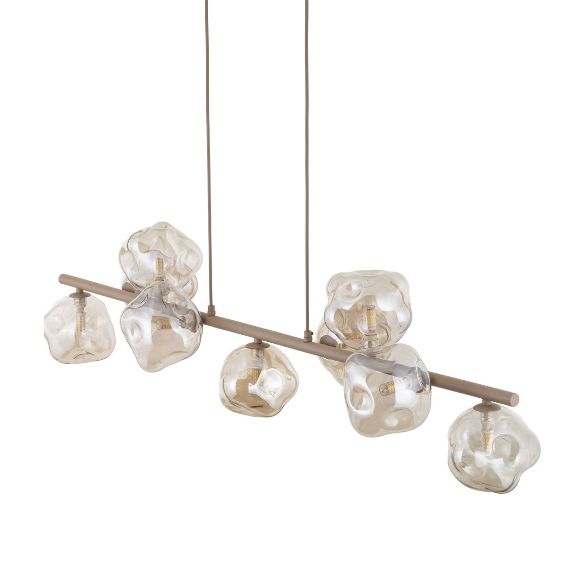 Lampa wisząca Lava Sabia w beżowym kolorze, składająca się z dziewięciu przezroczystych kloszy w organicznych kształtach, zawieszona na prostym metalowym stelażu. Klosze umieszczone asymetrycznie, z widocznymi żarówkami G9.