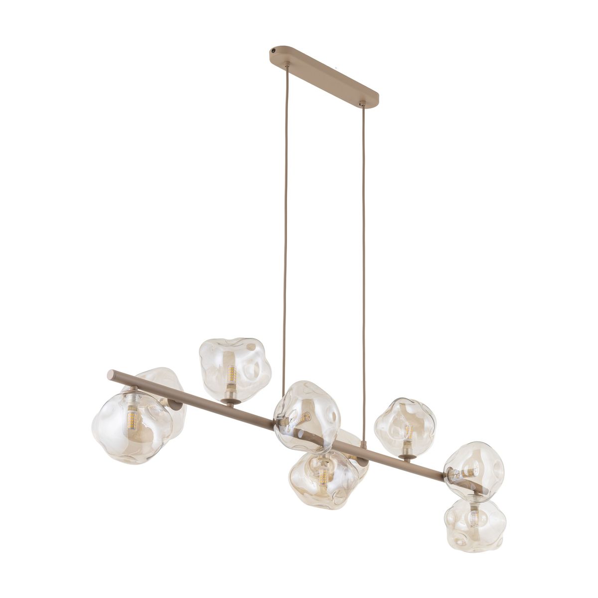 Lava Sabia lampa wisząca w beżowym kolorze, z metalowym stelażem, posiada dziewięć przezroczystych kloszy o organicznych kształtach. Produkt zawieszony na dwóch cienkich linkach, idealny do nowoczesnych wnętrz.