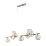 Lava Sabia lampa wisząca 9xG9 w kolorze beżowym, z metalowym stelażem, zawieszona na długich przewodach. Szklane klosze w kształcie kul, różnej wielkości, tworzą efektowną kompozycję. Zawieszona poziomo, idealna do nowoczesnych wnętrz.