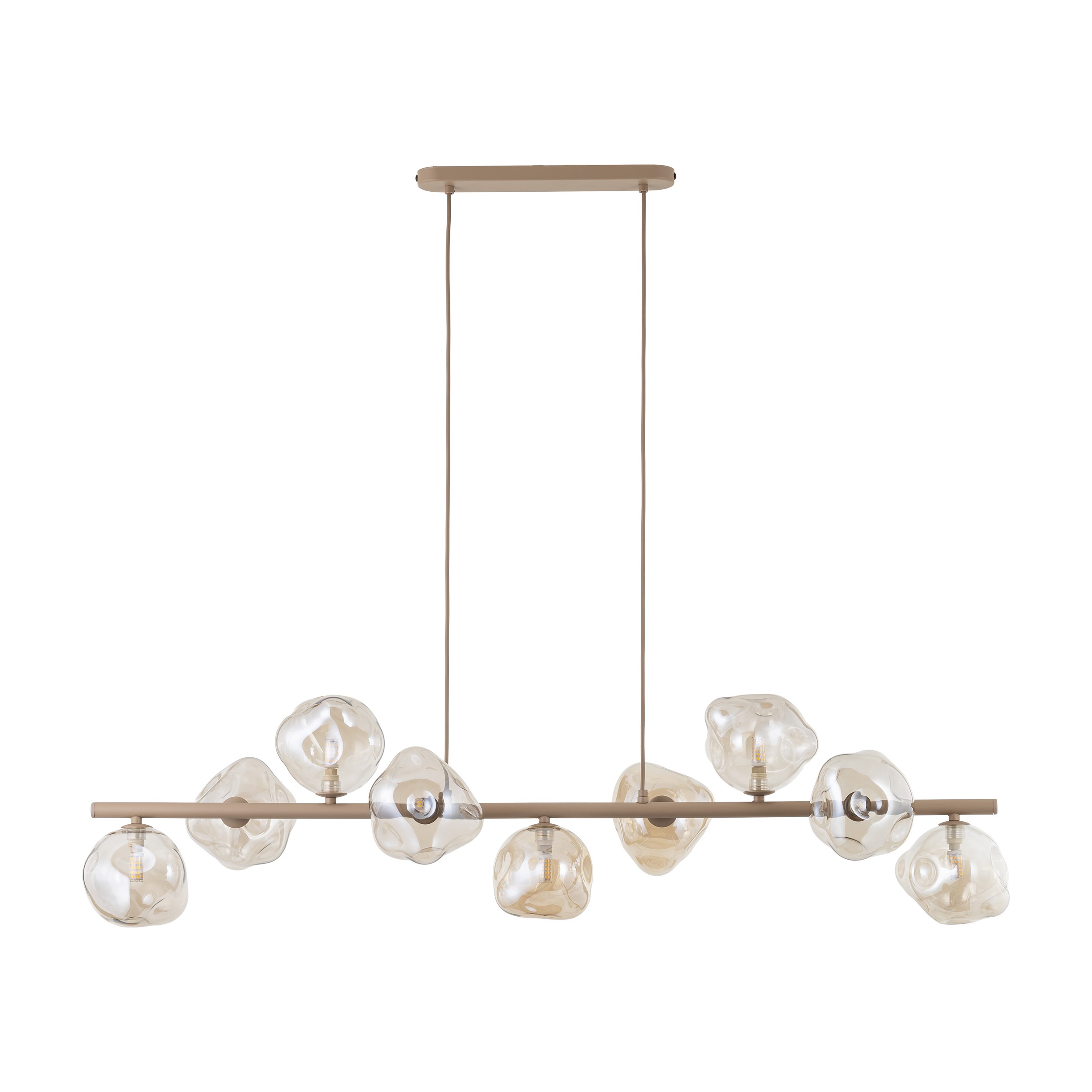 Beżowa lampa wisząca Lava Sabia z dziewięcioma kloszami G9 o organicznych kształtach, zawieszona na prostokątnej, metalowej konstrukcji. Klosze są przezroczyste, z delikatnymi refleksami, w równych odstępach na poziomej belce.