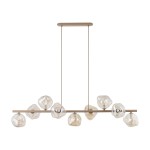 Beżowa lampa wisząca Lava Sabia z dziewięcioma kloszami G9 o organicznych kształtach, zawieszona na prostokątnej, metalowej konstrukcji. Klosze są przezroczyste, z delikatnymi refleksami, w równych odstępach na poziomej belce.