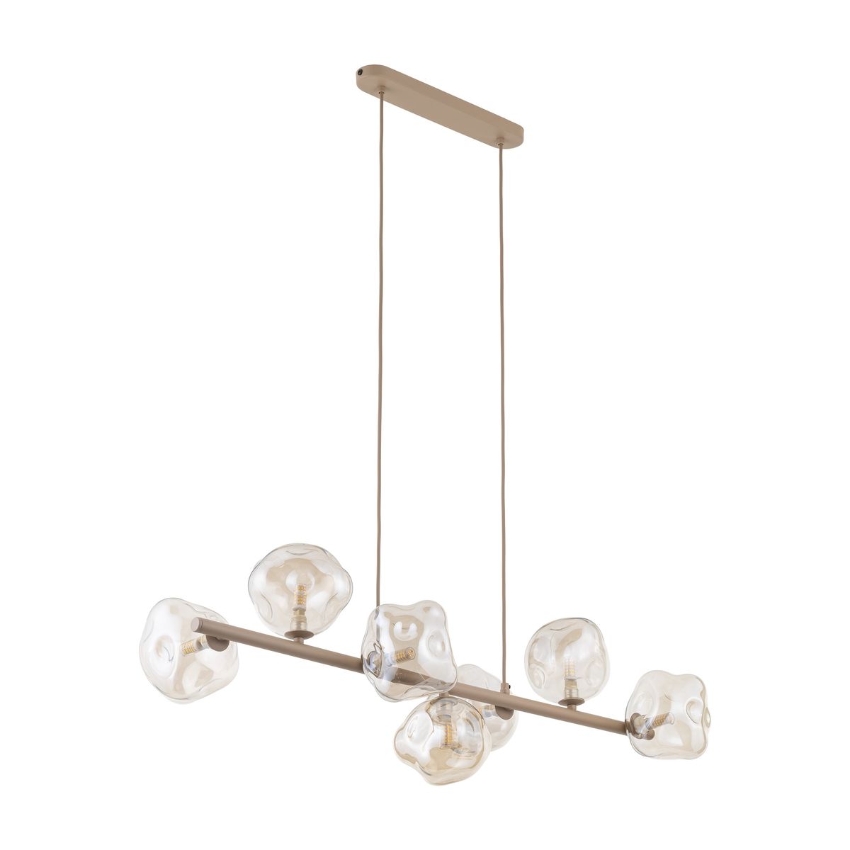 Beżowa lampa wisząca Lava Sabia z siedmioma kloszami G9, zawieszona na cienkim, metalowym stelażu. Klosze mają organiczny kształt, wykonane z przezroczystego szkła, co nadaje lekkości i elegancji. Lampa montowana do sufitu.