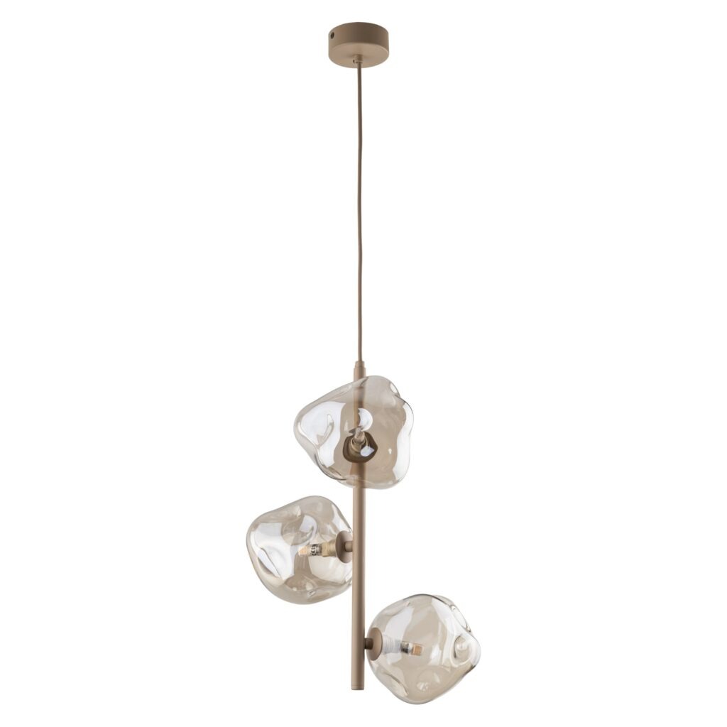 Lava Sabia lampa wisząca 3xG9 w kolorze beżowym z trzema przezroczystymi kloszami w organicznych kształtach. Zawieszona na długim, cienkim przewodzie, montowana do sufitu, idealna do nowoczesnych wnętrz.