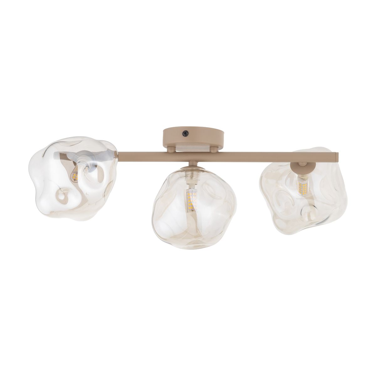 Beżowa lampa sufitowa Lava Sabia z trzema kloszami w kształcie organicznych, szklanych kul. Klosze mają przezroczystą fakturę, zamontowane na metalowym stelażu. Lampa ma nowoczesny, minimalistyczny design, idealna do różnych wnętrz.