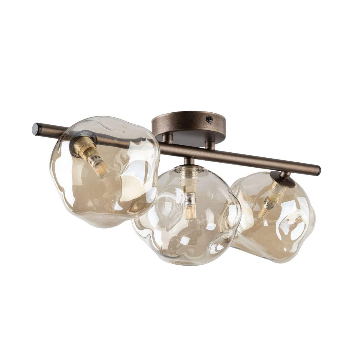 Brązowa lampa sufitowa Lava Brown z trzema kulistymi kloszami w przezroczystym, lekko brązowym kolorze, zamontowana na metalowej podstawie. Klosze mają organiczny kształt, a lampa jest przystosowana do żarówek G9.