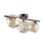 Brązowa lampa sufitowa Lava Brown z trzema kulistymi kloszami w przezroczystym, lekko brązowym kolorze, zamontowana na metalowej podstawie. Klosze mają organiczny kształt, a lampa jest przystosowana do żarówek G9.