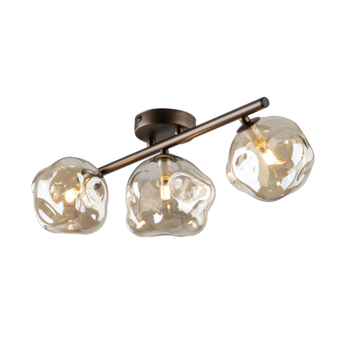 Brązowa lampa sufitowa Lava Brown z trzema kloszami w kształcie bąbelków, wykonanymi z przezroczystego szkła. Lampa zamontowana na metalowym stelażu, widok z przodu, z widocznymi źródłami światła G9.