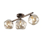 Brązowa lampa sufitowa Lava Brown z trzema kloszami w kształcie bąbelków, wykonanymi z przezroczystego szkła. Lampa zamontowana na metalowym stelażu, widok z przodu, z widocznymi źródłami światła G9.