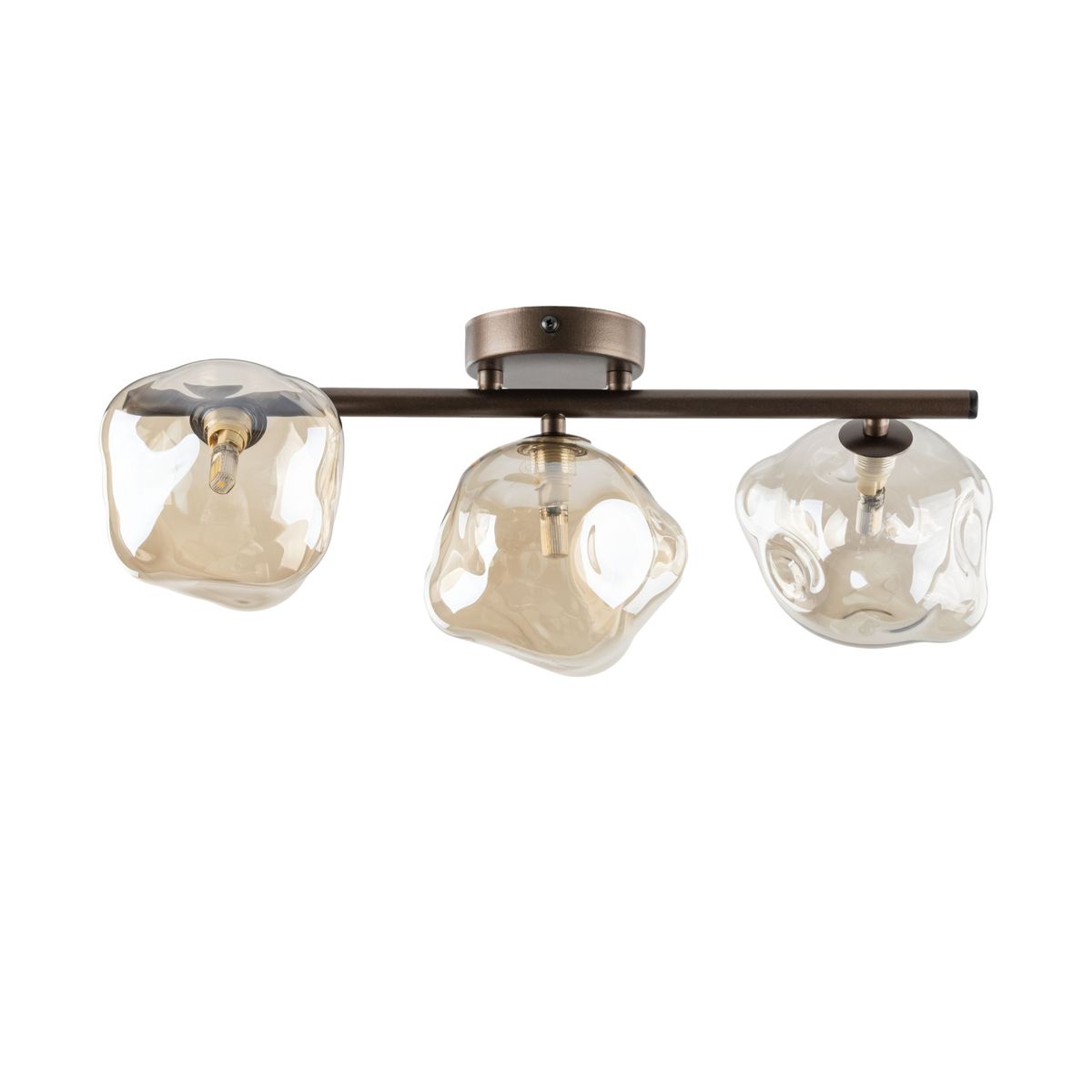 Lava Brown lampa sufitowa 3xG9 w kolorze brązowym. Trzy klosze w kształcie organicznych brył z przezroczystego szkła, zamontowane na metalowej listwie. Ujęcie frontalne, lampa wisząca, w nowoczesnym stylu.