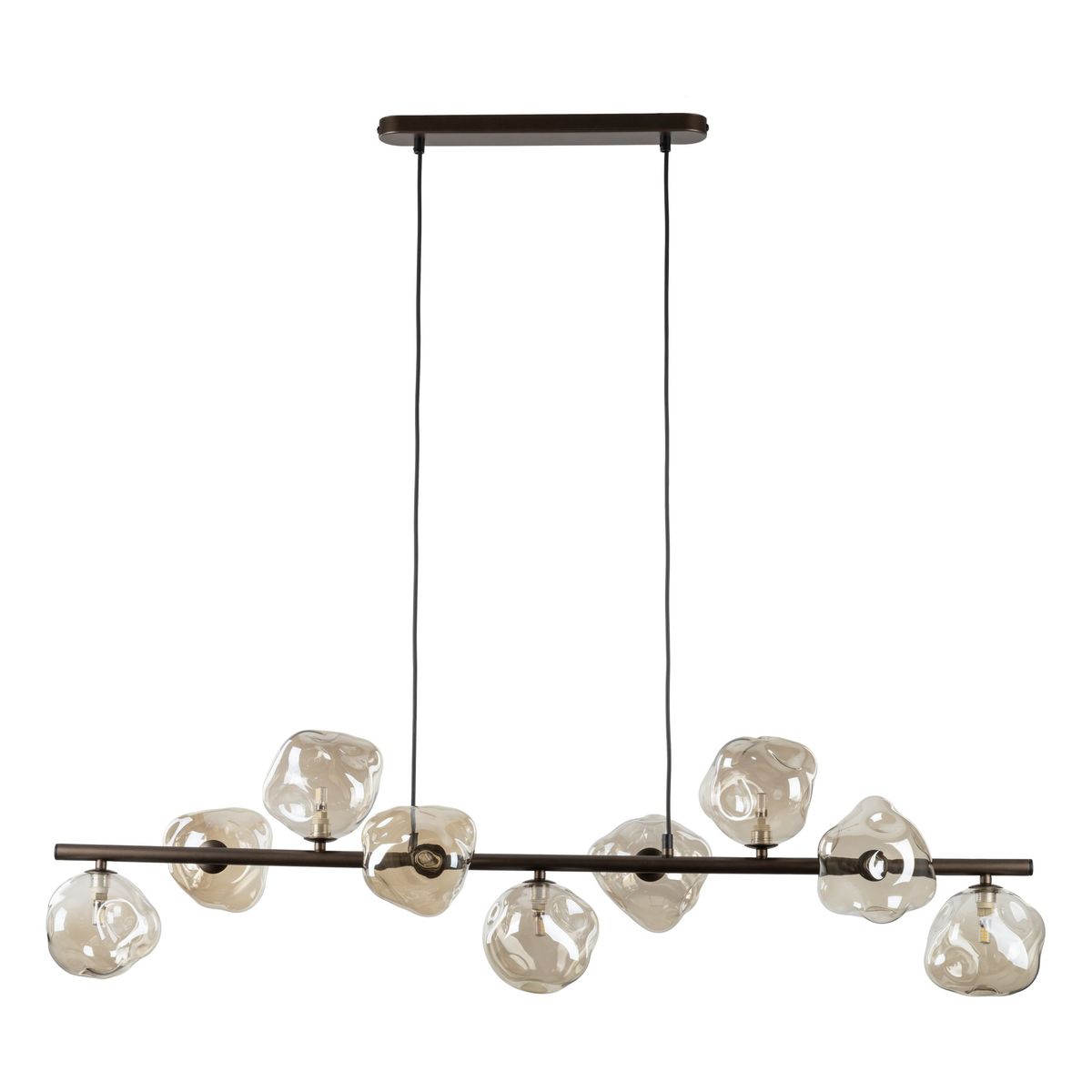 Lava Brown lampa wisząca 9xG9 w kolorze brązowym. Posiada metalowy stelaż z ośmioma szklanymi kloszami w nieregularnym kształcie. Wisi na dwóch czarnych linkach, z prostokątnym elementem montażowym na suficie.