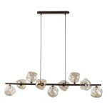 Lava Brown lampa wisząca 9xG9 w kolorze brązowym. Posiada metalowy stelaż z ośmioma szklanymi kloszami w nieregularnym kształcie. Wisi na dwóch czarnych linkach, z prostokątnym elementem montażowym na suficie.
