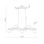 Lava Brown lampa wisząca z brązowym wykończeniem, przeznaczona na 9 żarówek G9. Ma prostokątny stelaż o wymiarach 1160 x 335 mm, zawieszona na dwóch kablach. Wysokość całkowita wynosi 1410 mm. Kształt kloszy przypomina naturalne kamienie.