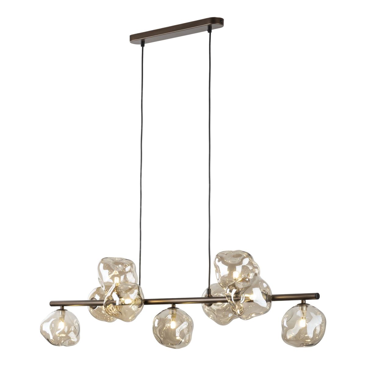 Lampa wisząca Lava Brown z 9 źródłami światła G9, brązowa, z szklanymi kloszami w kształcie nieregularnych bąbli. Zawieszona na cienkich, czarnych linkach, z prostokątną podsufitką w kolorze brązowym. Idealna do nowoczesnych wnętrz.
