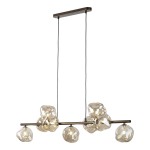 Lampa wisząca Lava Brown z 9 źródłami światła G9, brązowa, z szklanymi kloszami w kształcie nieregularnych bąbli. Zawieszona na cienkich, czarnych linkach, z prostokątną podsufitką w kolorze brązowym. Idealna do nowoczesnych wnętrz.