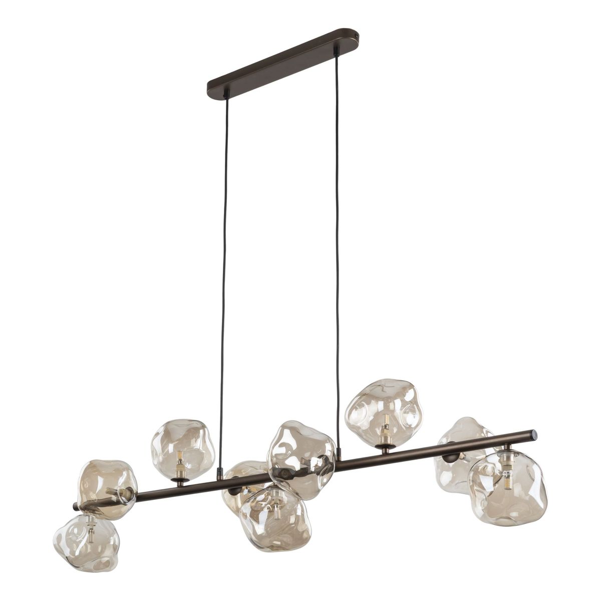 Lava Brown lampa wisząca z brązowym metalowym stelażem i dziewięcioma przezroczystymi kloszami w kształcie brył. Dwa długie przewody mocujące, umieszczona w pozycji wiszącej, idealna do nowoczesnych wnętrz.