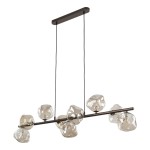 Lava Brown lampa wisząca z brązowym metalowym stelażem i dziewięcioma przezroczystymi kloszami w kształcie brył. Dwa długie przewody mocujące, umieszczona w pozycji wiszącej, idealna do nowoczesnych wnętrz.