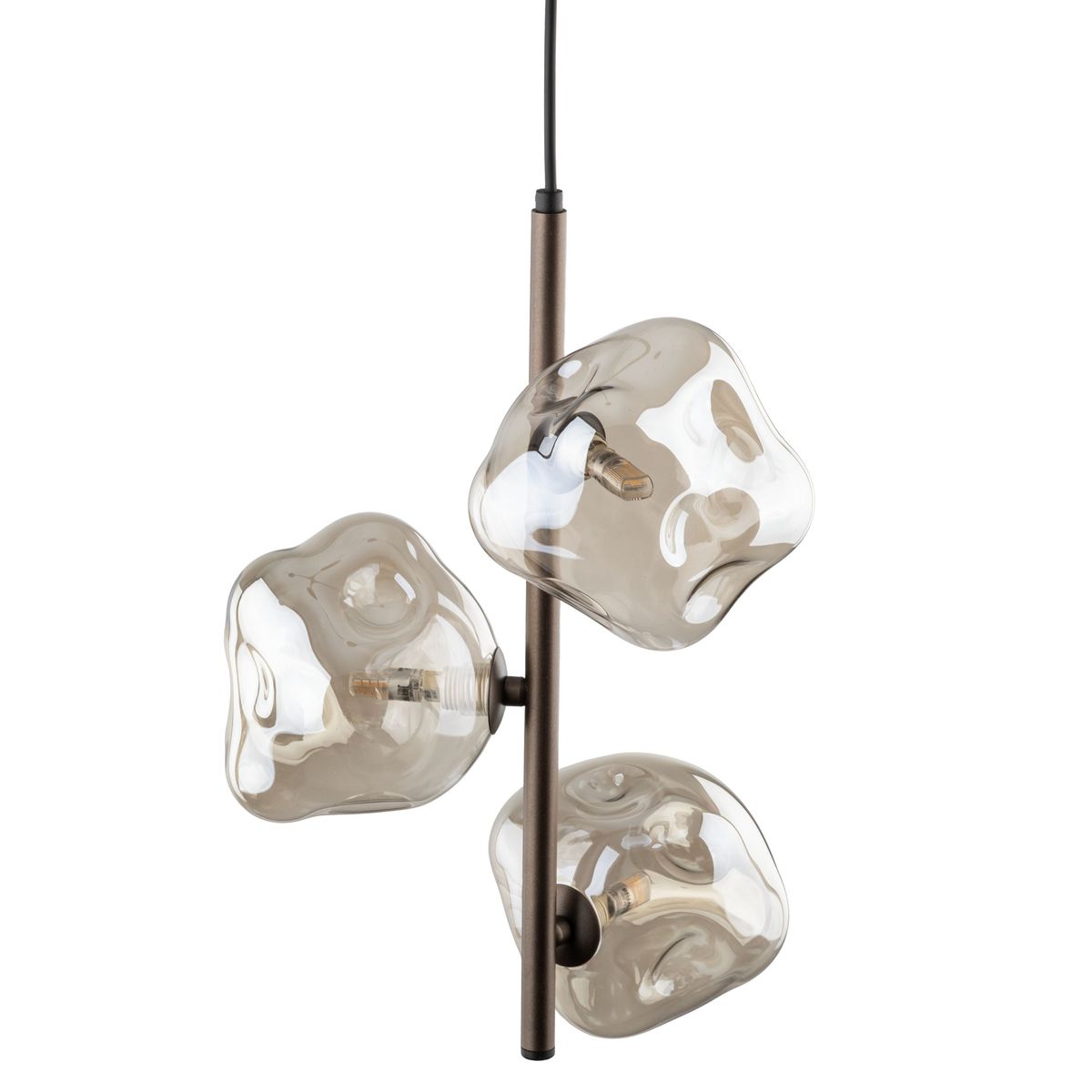 Lava Brown lampa wisząca 3xG9 w brązowej oprawie z trzema nierównymi, przezroczystymi kloszami o organicznych kształtach, zawieszona na cienkim kabelku, montowana sufitowo.