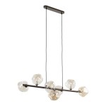 Brązowa lampa wisząca Lava Brown z siedmioma kulistymi kloszami z przezroczystego szkła. Ujęcie z boku, z widoczną metalową konstrukcją i czarnymi przewodami. Idealna do nowoczesnych wnętrz.