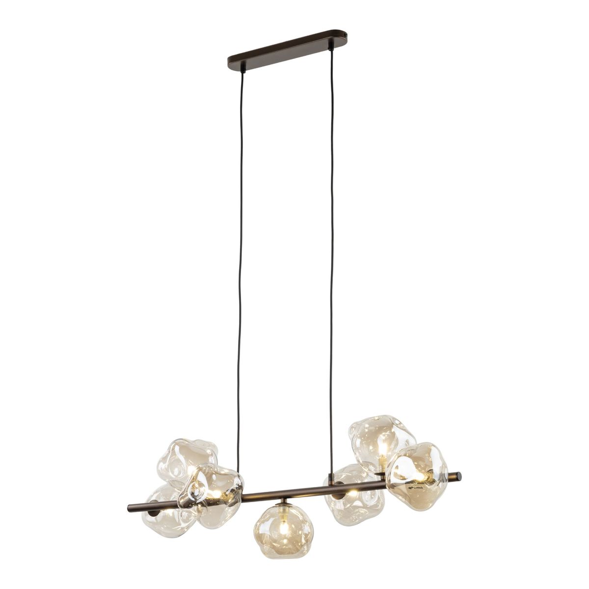 Lava Brown lampa wisząca z brązowym stelażem, wyposażona w siedem szklanych kloszy o organicznych kształtach. Ujęcie z przodu, lampa zawieszona na dwóch cienkich linkach, idealna do nowoczesnych wnętrz.