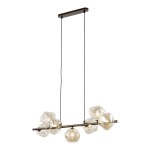 Lava Brown lampa wisząca z brązowym stelażem, wyposażona w siedem szklanych kloszy o organicznych kształtach. Ujęcie z przodu, lampa zawieszona na dwóch cienkich linkach, idealna do nowoczesnych wnętrz.