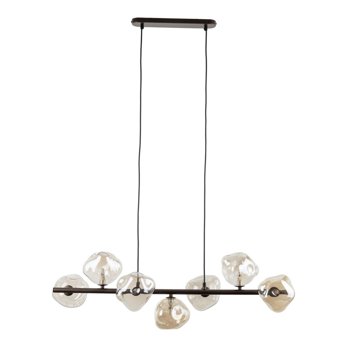 Lava Brown lampa wisząca z brązowym metalowym stelażem i siedmioma szklanymi kloszami w nieregularnym kształcie. Ujęcie z dołu, lampa zawieszona na dwóch cienkich linkach, minimalistyczny design, przeznaczona do oświetlenia wnętrz.