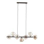 Lava Brown lampa wisząca z brązowym metalowym stelażem i siedmioma szklanymi kloszami w nieregularnym kształcie. Ujęcie z dołu, lampa zawieszona na dwóch cienkich linkach, minimalistyczny design, przeznaczona do oświetlenia wnętrz.