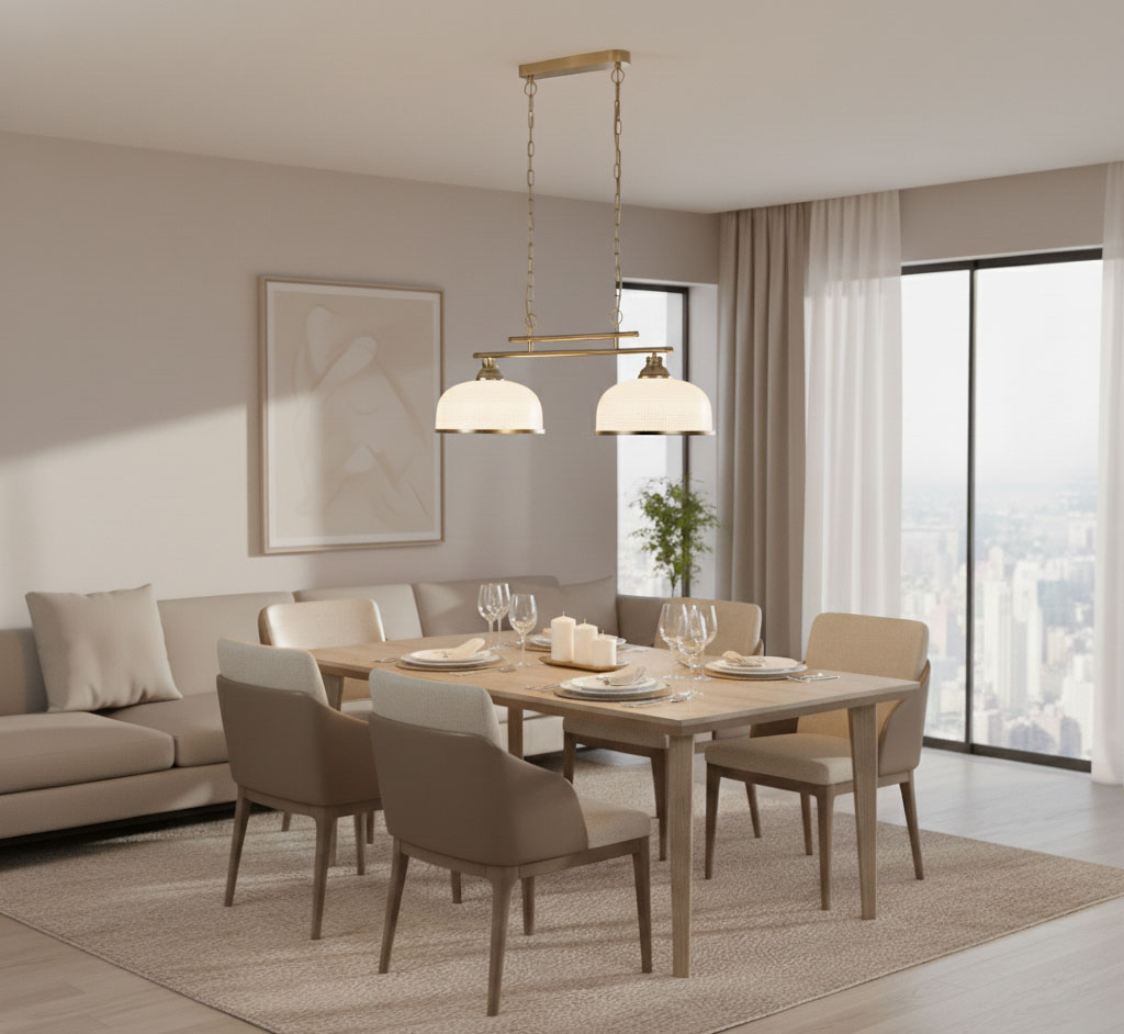 Lampa wisząca Bistro II 2-punktowa w antycznym mosiądzu z podwójnymi kloszami w kolorze białym, zawieszona nad drewnianym stołem w nowoczesnej jadalni. W tle widoczne okno z widokiem na miasto oraz meble w stonowanej kolorystyce.