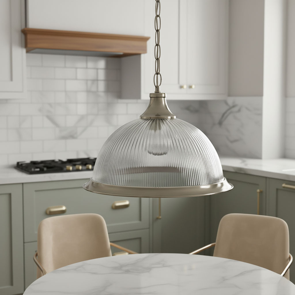 Lampa wisząca American Diner w stylu retro, o kształcie kulistym, wykonana z przezroczystego szkła z fakturą rowków. Antyczny mosiężny uchwyt i łańcuch. Zawieszona nad okrągłym stołem na tle nowoczesnej kuchni z szarymi szafkami i białymi kafelkami.