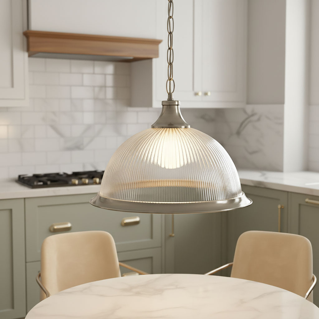 Lampa wisząca American Diner 1-punktowa w antycznym mosiądzu z kloszem w kształcie kopuły, z wyraźnym, żebrowanym wzorem. Zawieszona na łańcuszku, oświetla stół w nowoczesnej kuchni z zielonymi szafkami i marmurowym blatem.