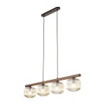 Lampa wisząca Salvia Brown 4xE14 w brązowej kolorystyce, zawieszona na dwóch przewodach. Posiada cztery szklane klosze o ribbowanej fakturze, zamontowane na drewnianej belce. Idealna do nowoczesnych wnętrz.