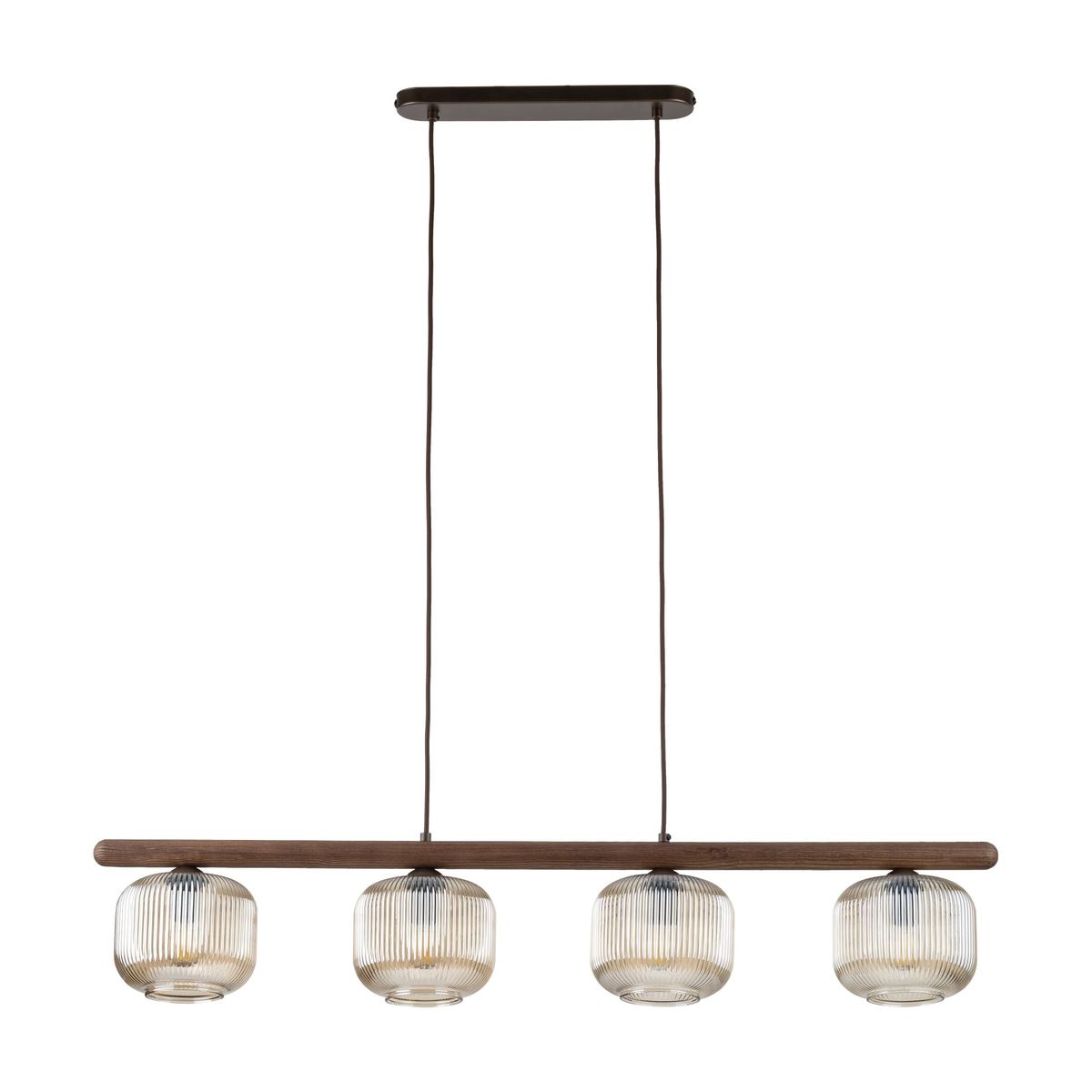 Lampa wisząca Salvia Brown z czterema kloszami E14 na brązowej listwie. Klosze o okrągłym kształcie, transparentne z teksturowanym wzorem. Zawieszona na dwóch ciemnych przewodach, podłużna baza montażowa w kolorze brązowym.