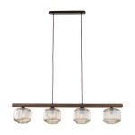 Lampa wisząca Salvia Brown z czterema kloszami E14 na brązowej listwie. Klosze o okrągłym kształcie, transparentne z teksturowanym wzorem. Zawieszona na dwóch ciemnych przewodach, podłużna baza montażowa w kolorze brązowym.