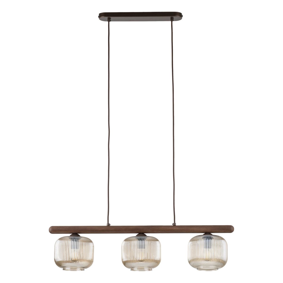 Lampa wisząca Salvia Brown z trzema kloszami E14, wykonana z brązowego drewna i przezroczystego szkła. Klosze mają żłobioną fakturę, zawieszone na dwóch cienkich linkach, umieszczona na prostokątnej podstawie.