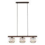 Lampa wisząca Salvia Brown z trzema kloszami E14, wykonana z brązowego drewna i przezroczystego szkła. Klosze mają żłobioną fakturę, zawieszone na dwóch cienkich linkach, umieszczona na prostokątnej podstawie.