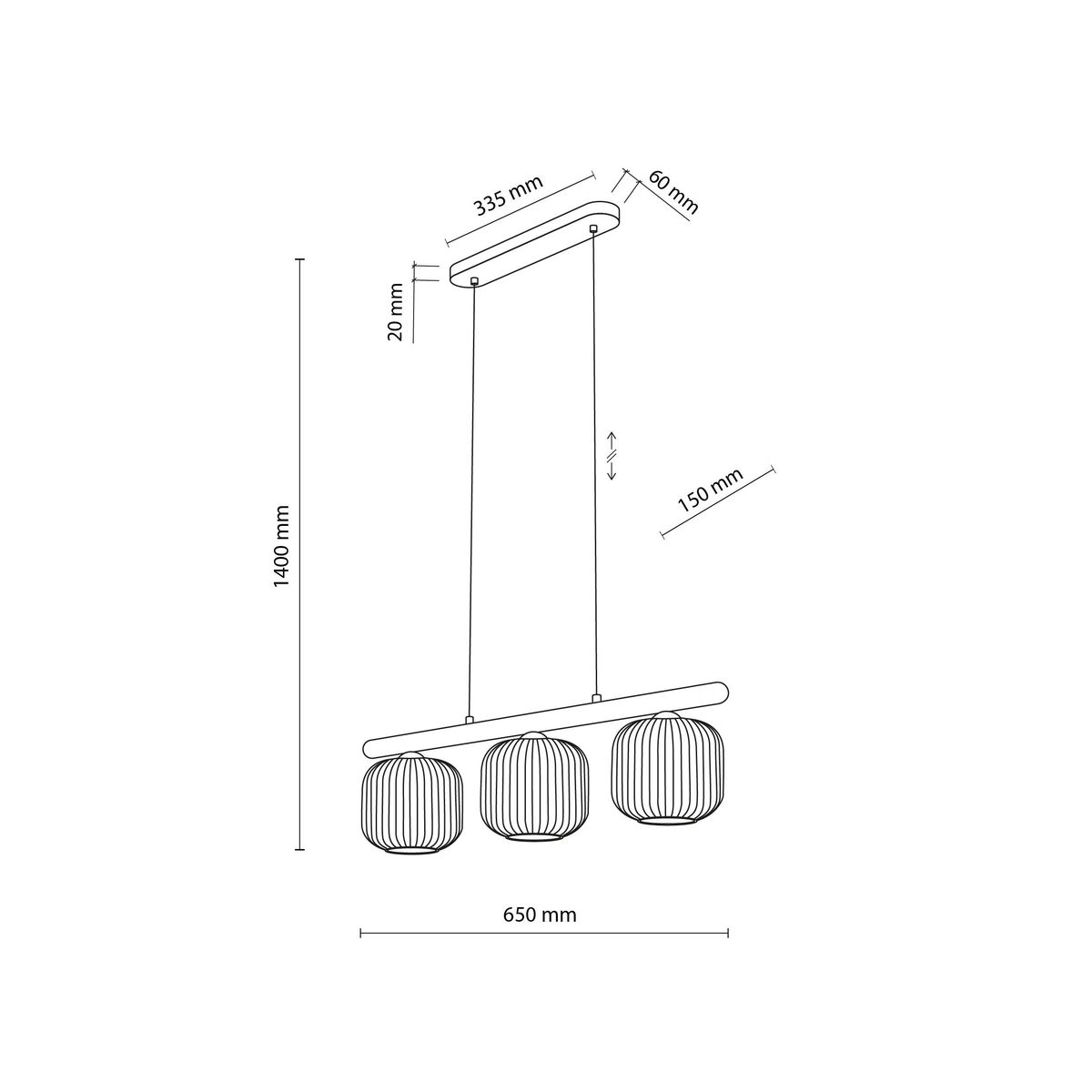 Lampa wisząca Salvia Brown z trzema kloszami E14 w brązowym kolorze. Wymiary: 1400 mm wysokości, 650 mm szerokości. Klosze mają teksturowaną powierzchnię, zawieszone na długich linkach. Montaż sufitowy, minimalistyczny design.