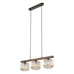 Lampa wisząca Salvia Brown z trzema szklanymi kloszami w kształcie cylindrów, umieszczona na drewnianym uchwycie. Klosze mają delikatne, żeberkowane wzory. Całość w brązowej kolorystyce, zawieszona na dwóch kablach, idealna do nowoczesnych wnętrz.