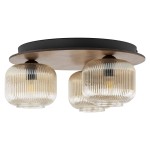 Lampa sufitowa Salvia Brown z trzema kloszami E14 w brązowym kolorze. Klosze mają wyraźny, żłobkowany wzór, a całość osadzona jest na okrągłej, ciemnej podstawie z drewnianym akcentem. Produkt zamontowany do sufitu.