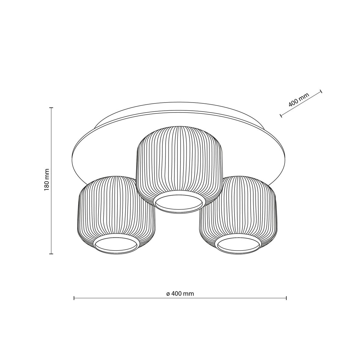 Brązowa lampa sufitowa Salvia Brown z trzema kloszami E14. Okrągła podsufitka o średnicy 400 mm, klosze z teksturowanej faktury, wysokość 180 mm. Ujęcie frontalne, pokazujące wymiary i kształt lampy.