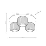 Brązowa lampa sufitowa Salvia Brown z trzema kloszami E14. Okrągła podsufitka o średnicy 400 mm, klosze z teksturowanej faktury, wysokość 180 mm. Ujęcie frontalne, pokazujące wymiary i kształt lampy.