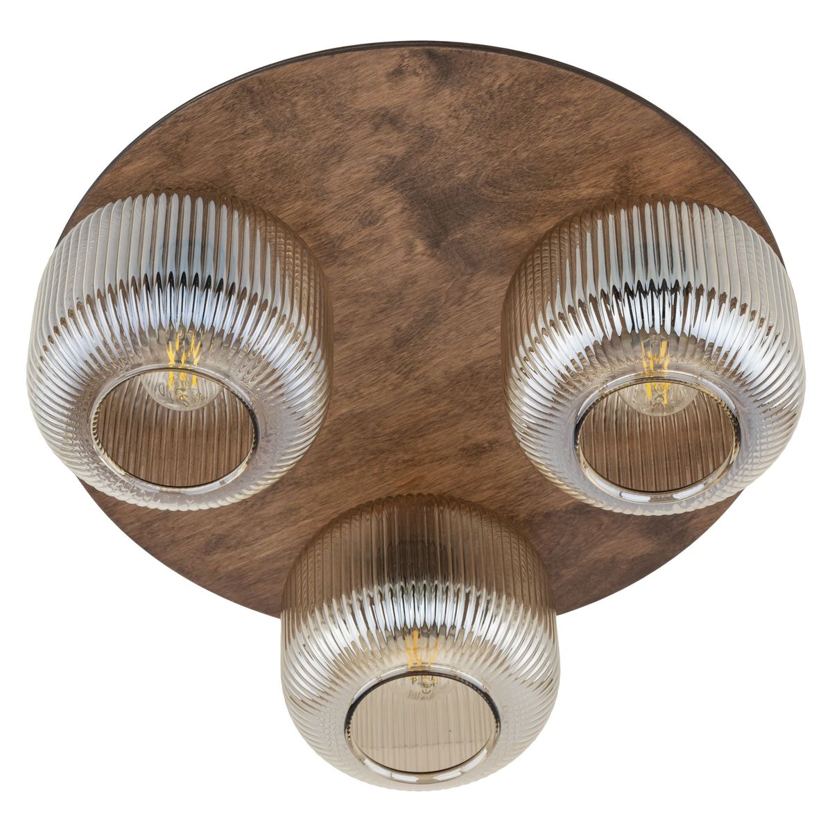 Brązowa lampa sufitowa Salvia Brown z trzema kloszami E14, umieszczona na okrągłej, drewnianej podstawie. Klosze mają żłobioną, przezroczystą teksturę, co nadaje elegancki wygląd. Ujęcie z góry, pokazujące szczegóły konstrukcji.