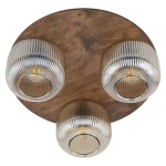 Brązowa lampa sufitowa Salvia Brown z trzema kloszami E14, umieszczona na okrągłej, drewnianej podstawie. Klosze mają żłobioną, przezroczystą teksturę, co nadaje elegancki wygląd. Ujęcie z góry, pokazujące szczegóły konstrukcji.