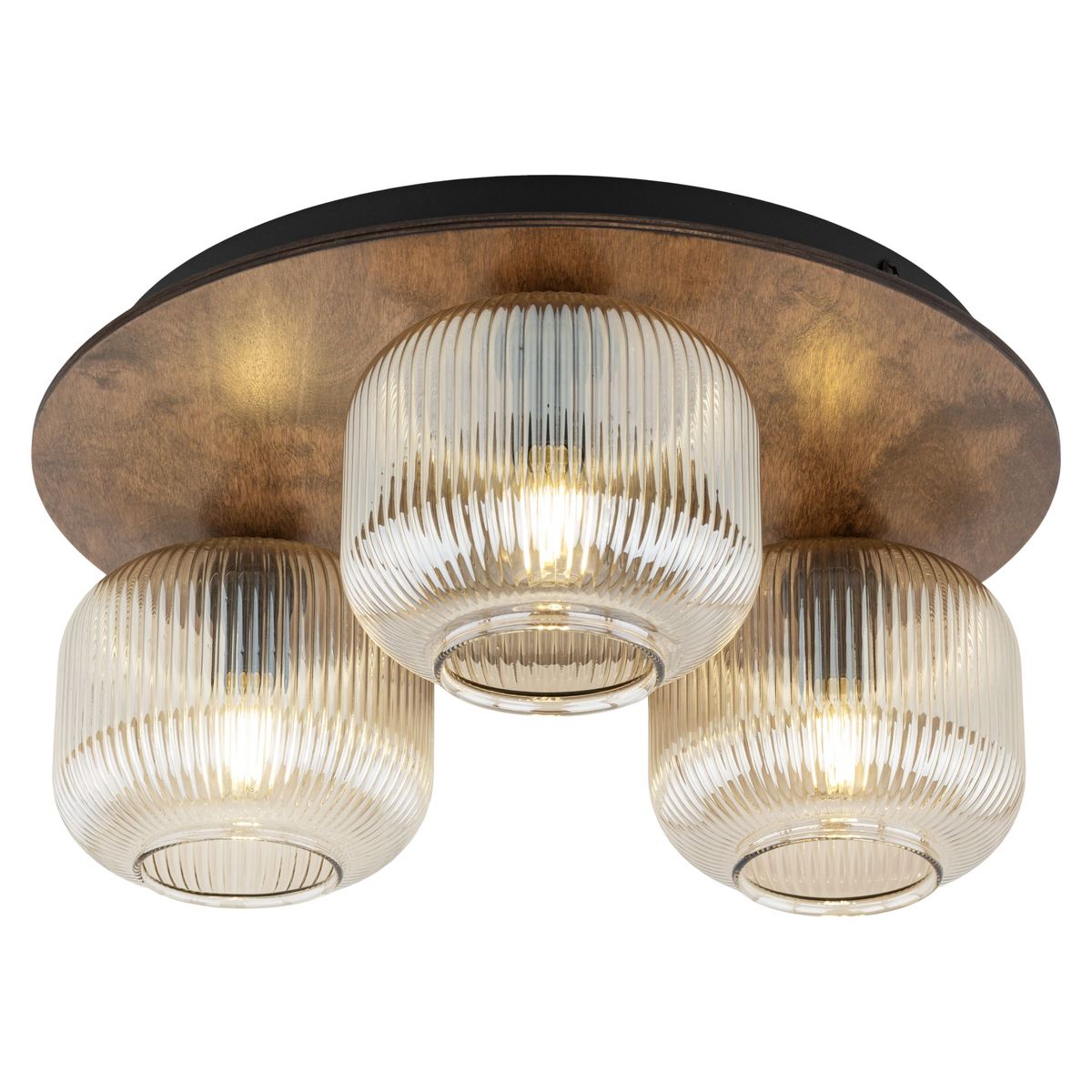 Brązowa lampa sufitowa Salvia Brown z trzema kloszami z przezroczystego szkła o żłobionej fakturze, zamontowana na okrągłej drewnianej podstawie. Klosze mają okrągły kształt, emitując miękkie światło.