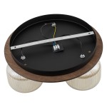 Lampa sufitowa Salvia Brown z trzema gniazdami E14, brązowa podstawa z drewna, okrągła konstrukcja, przezroczyste klosze w kształcie cylindrów. Widok od spodu, pokazujący elementy montażowe i przewody elektryczne.
