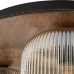 Brązowa lampa sufitowa Salvia Brown z trzema oprawami E14, z widoczną szklana kloszem o fakturze w poziome paski. Ujęcie z góry ukazuje drewnianą podstawę oraz detale klosza, podkreślając nowoczesny design.